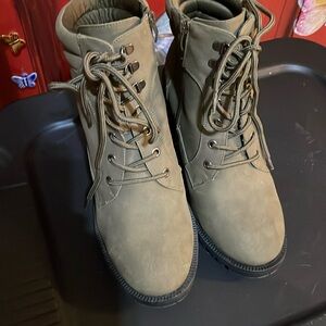 Olive green high heel zip up and tie boots. Size 10.